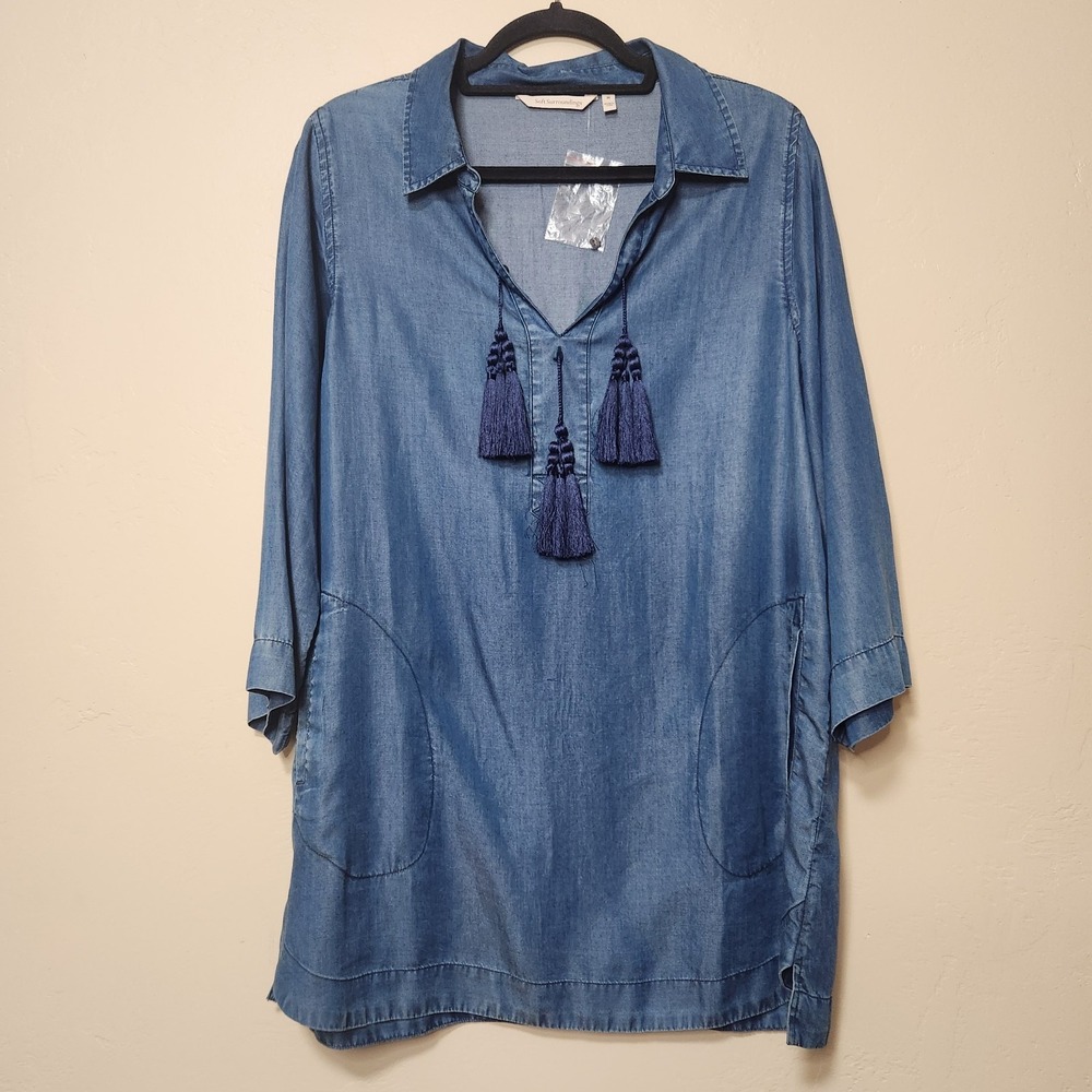 Soft Surroundings Womens 3/4 Sleeve‎ V Neck Blue Tunic Top Size Medium NWT